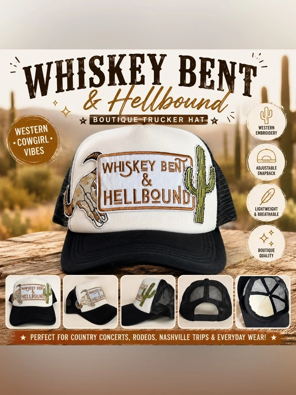 Whiskey Bent & Hellbound Boutique Western Trucker Hat Cowgirl Snapback